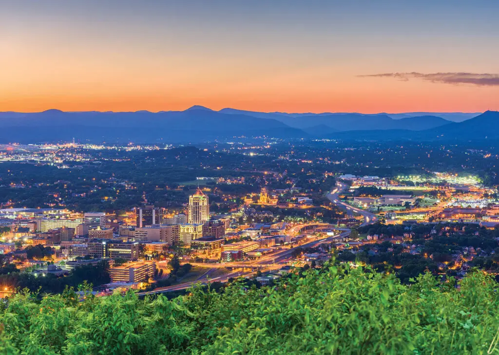 Roanoke, Virginia, USA downtown skyline at dusk.