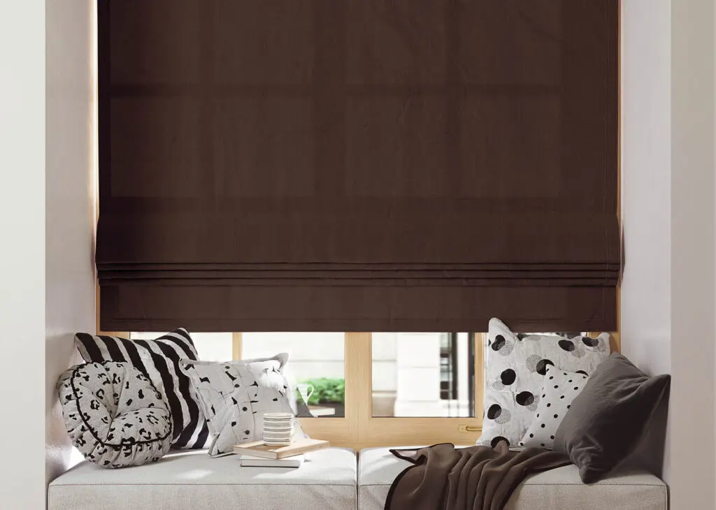 Blank roman blind on a window with wide windowsill mockup. 3D rendering