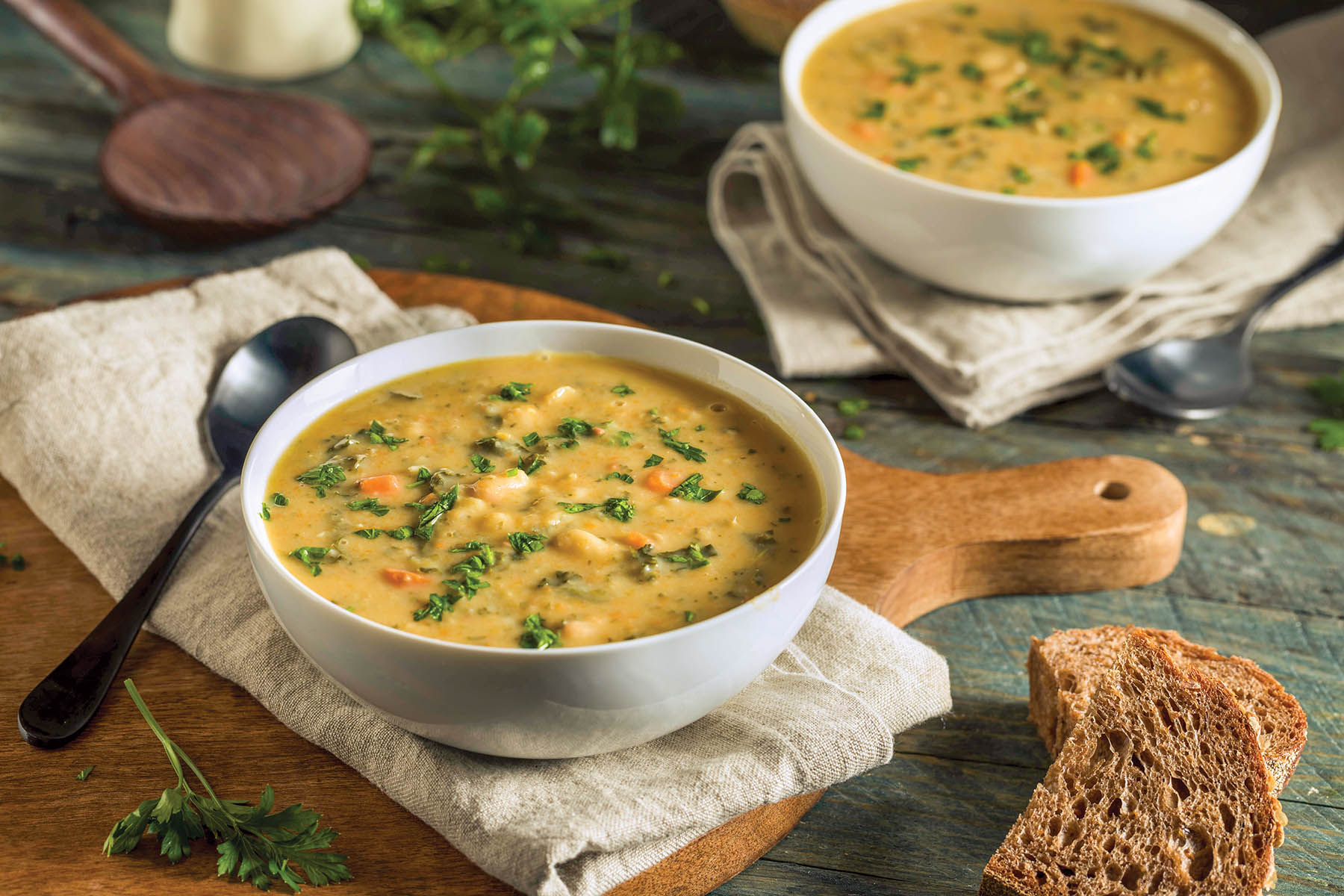 Homemade White Bean Soup with Parsley and Bread