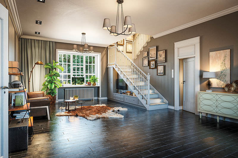 Digitally generated elegant Scandinavian style home interior scene.The scene was rendered with photorealistic shaders and lighting in Autodesk® 3ds Max 2020 with V-Ray 5 with some post-production added.