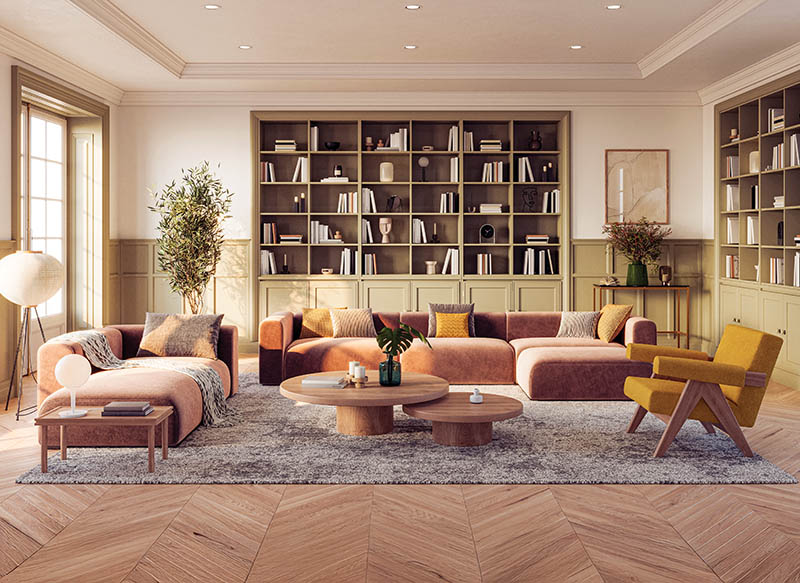 A stylish living room interior featuring modern designer furniture, wall paneling and elegant accessories