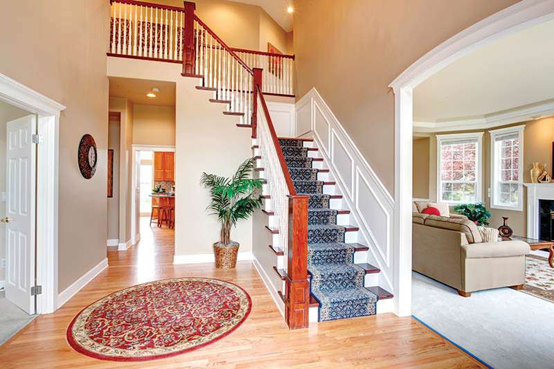 Hardwood hallway with red round rug and palm tree. View of staircase with blue rug