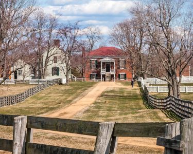 McLean House in the Appomattox Village, where Lee surrendered to Grant, fence in foreground