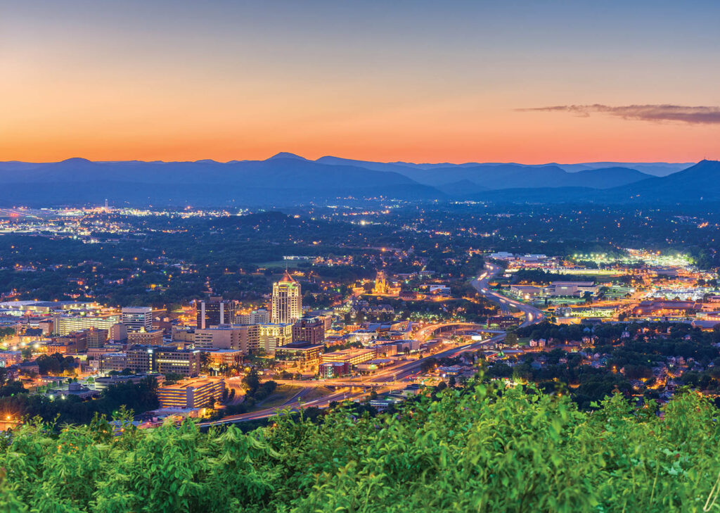 Roanoke, Virginia, USA downtown skyline at dusk.