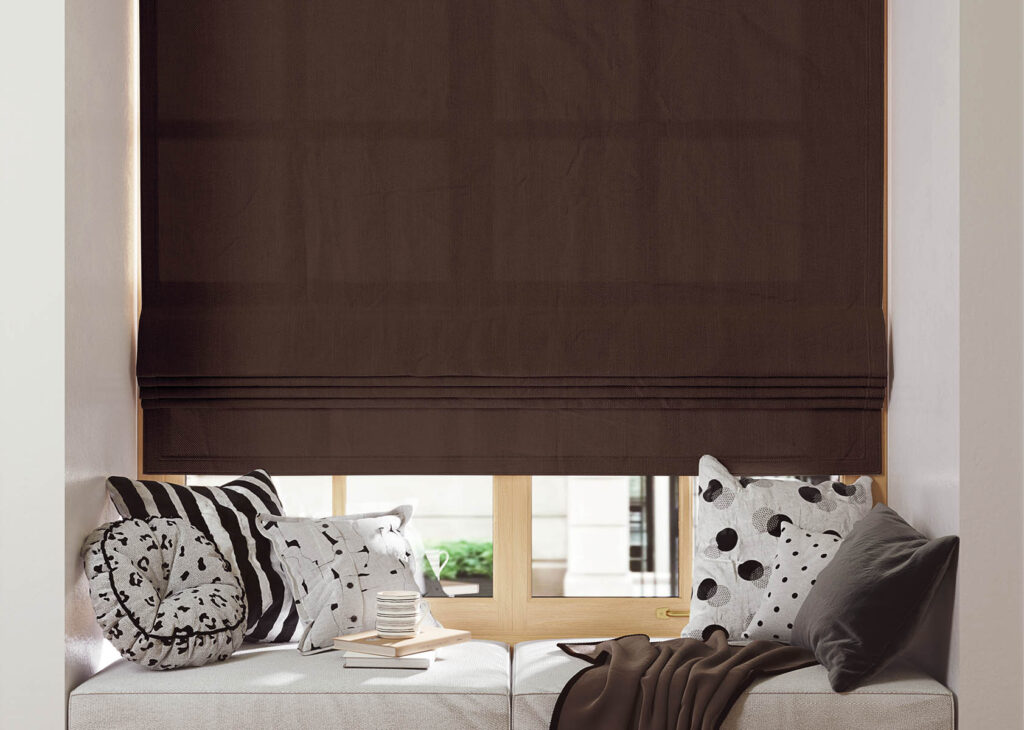 Blank roman blind on a window with wide windowsill mockup. 3D rendering