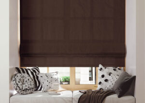 Blank roman blind on a window with wide windowsill mockup. 3D rendering