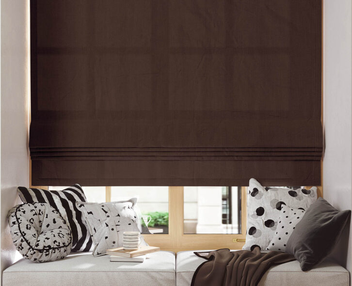 Blank roman blind on a window with wide windowsill mockup. 3D rendering